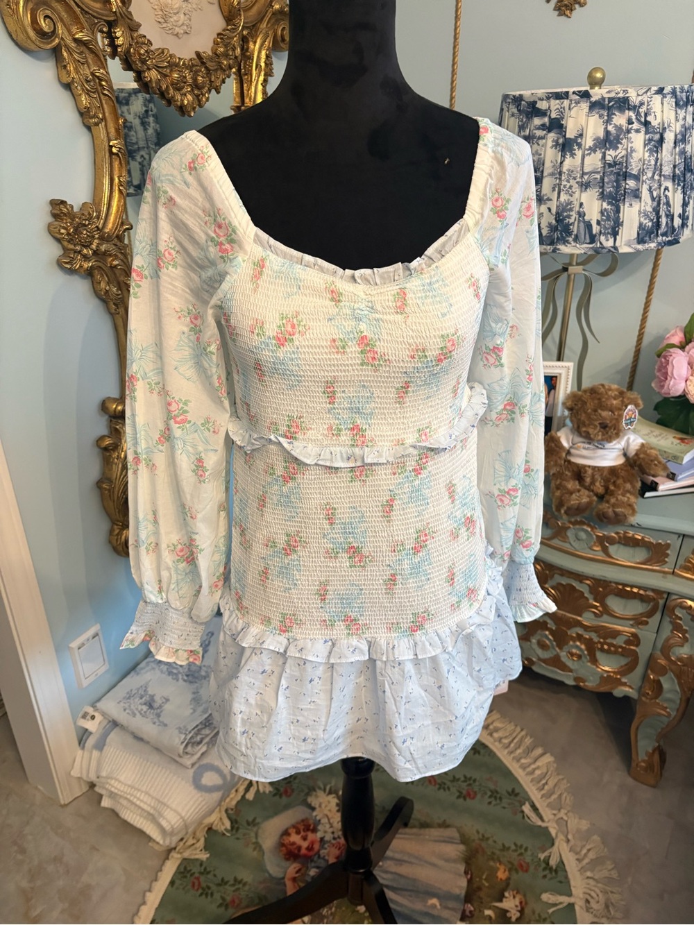 LoveShackFancy light blue floral smocked mini dress